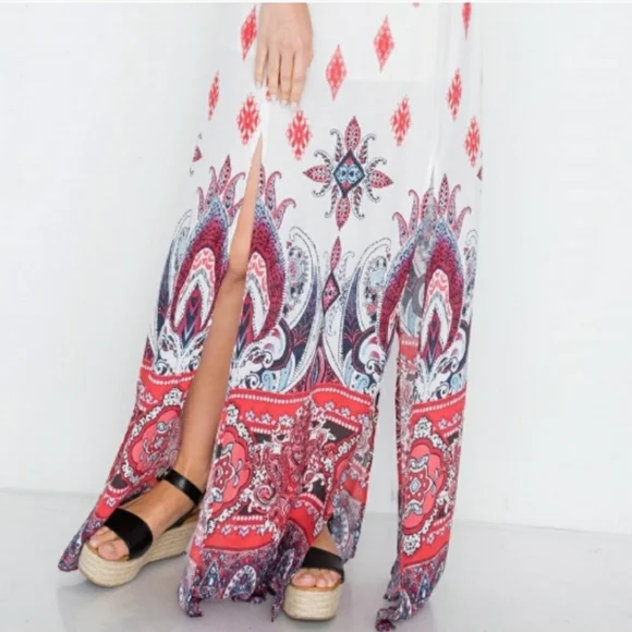 Berry Red Paisley Print Cami M-Slit Maxi Dress NWT - Picture 5 of 6